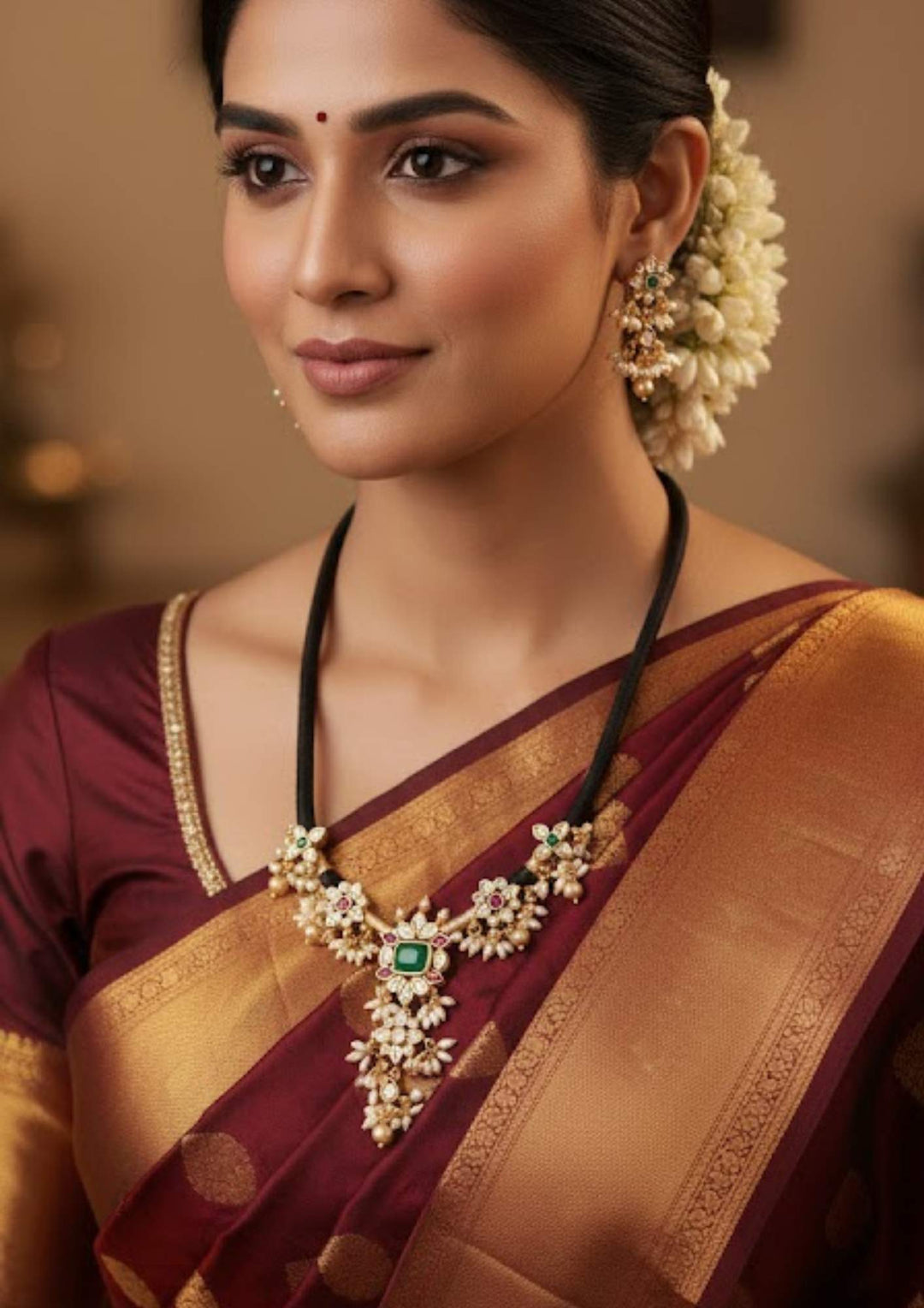 South indian women wearing a Traditional style gold plated Jadau short necklace set designed with a black thread dori, white stone outlines, a central square green stone pendant, and neat bunch rows of hanging white pearl drops that give a clean traditional look for festive celebrations, poojas, and weddings.