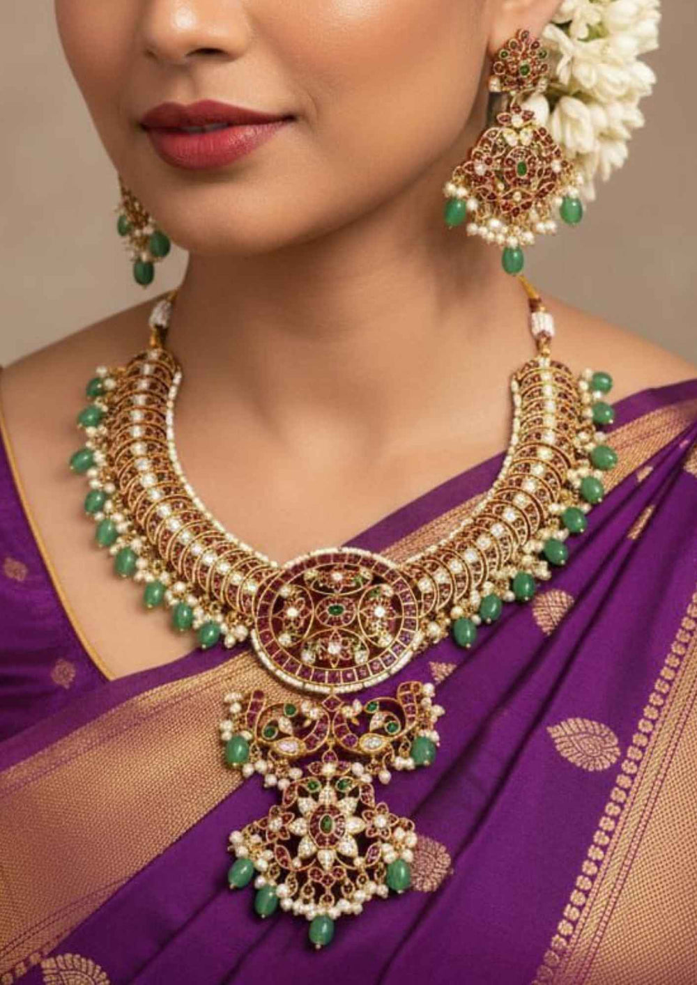 South indian women wearing a jadau Kundan Gold Plated Royal Kemp Heavy Necklace with Earrings and they comes with light weight and beads and can be used for festive and functional 