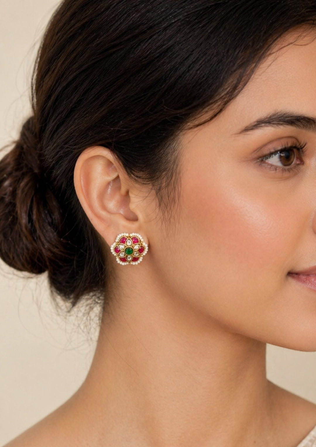 South indian women wearing a Traditional style gold plated micro Kundan stud earrings designed with premium crystal stone settings and secure, comfortable screwback stems that give a clean, elegant look for everyday styling, poojas, and light traditional outfits.