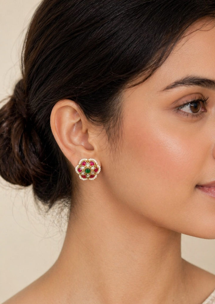 South indian women wearing a Traditional style gold plated micro Kundan stud earrings designed with premium crystal stone settings and secure, comfortable screwback stems that give a clean, elegant look for everyday styling, poojas, and light traditional outfits.