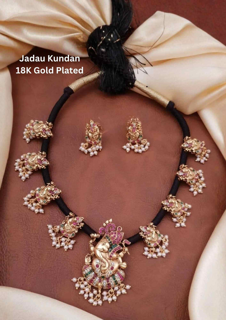 Jadau Kundan Gold Plated Temple Ganesha Necklace With Earrings