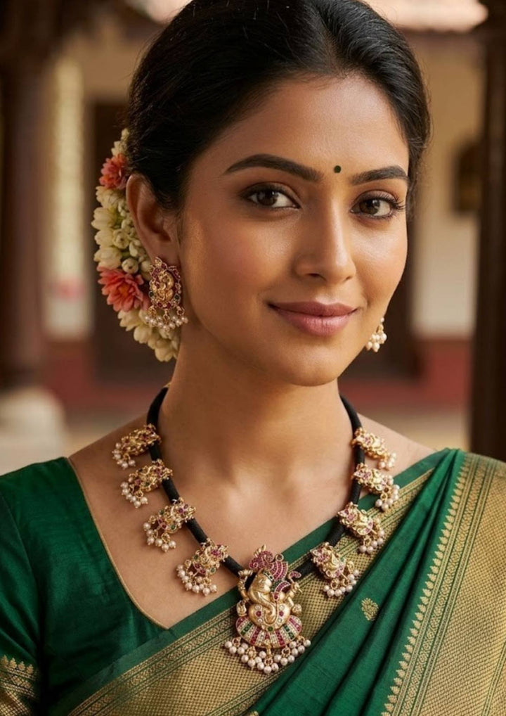 Jadau Kundan Gold Plated Temple Ganesha Necklace With Earrings Model Pic