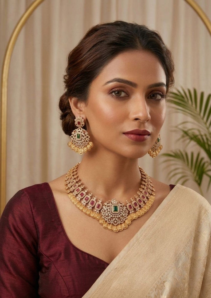 Jadau Kundan Gold Plated Temple Kasulaperu Necklace with Earrings  Model Pic