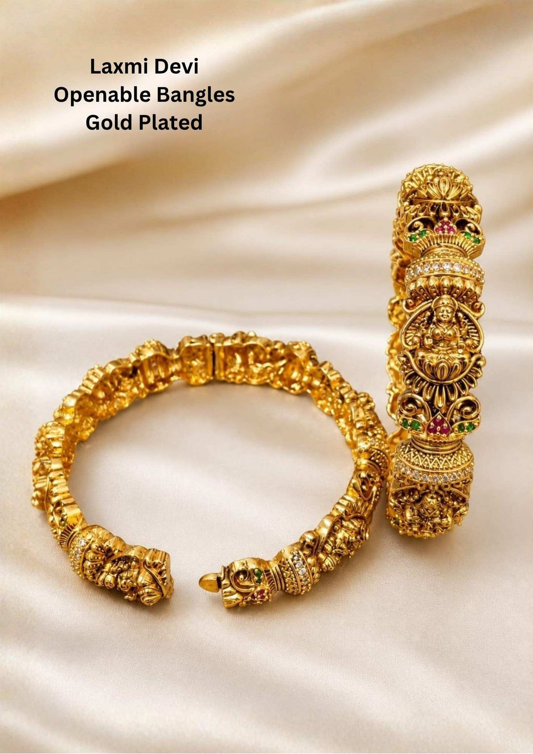 Jadau Kundan Gold Plated Temple  Laxmi Devi Openable Bangles (Set of 2)