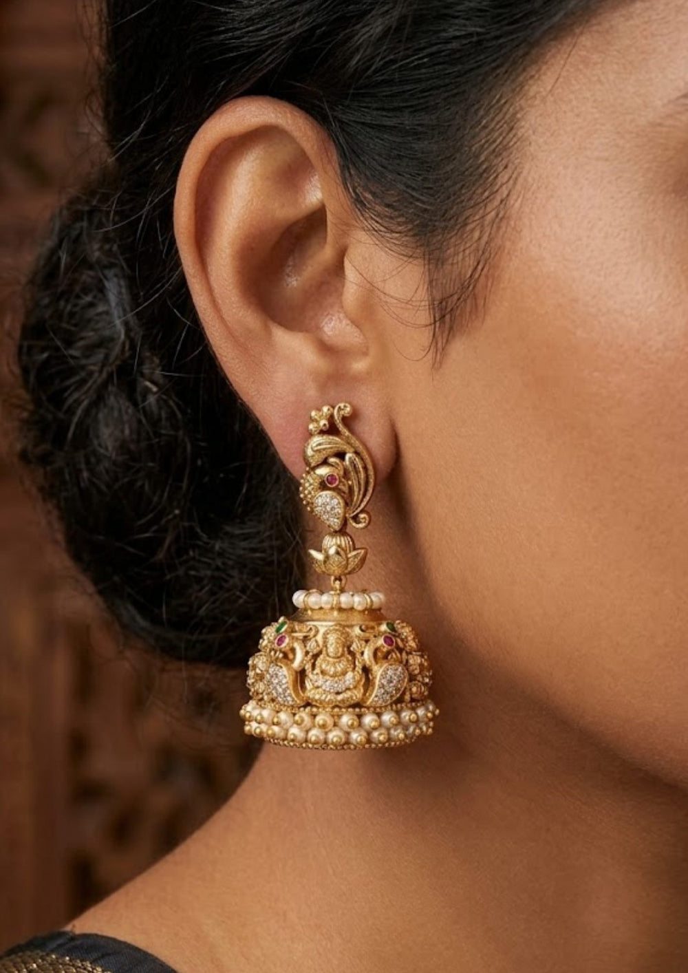 Jadau Kundan Gold Plated Temple Laxmi Devi and Peacock Model Jhumkas Model Pic