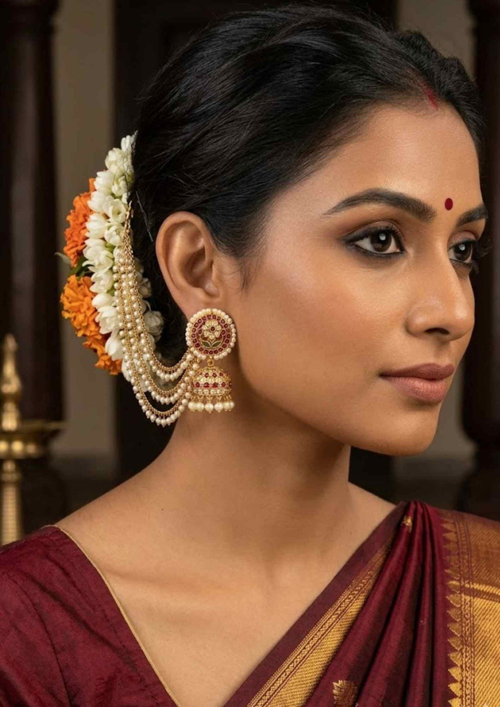 Jadau Kundan Gold Plated Traditional Earrings and Earchains (Combo) 