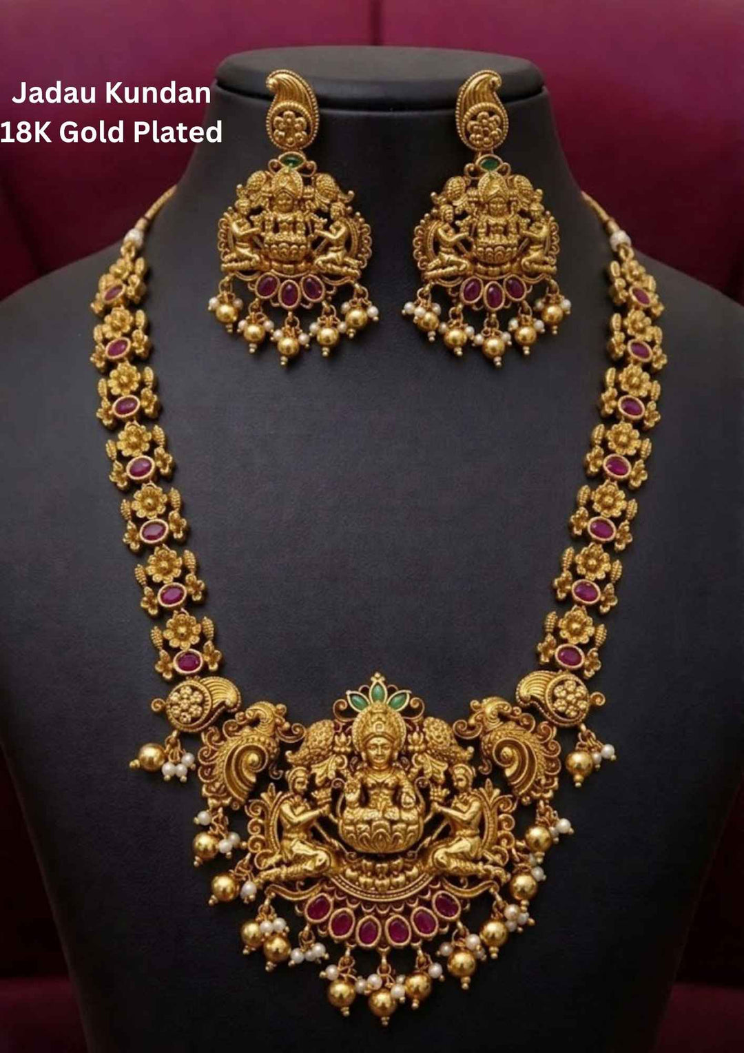 Jadau Kundan Gold Plated Traditional Temple Laxmi Devi Necklace with Earrings 