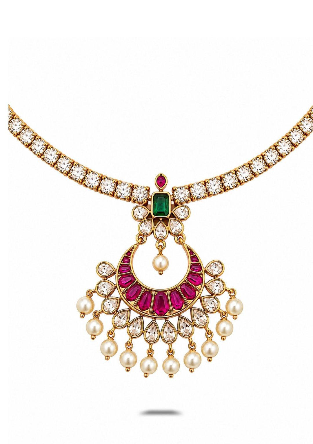 Ornate necklace with gemstones and pearls on a white background pendent shows very clear with chandbali design 