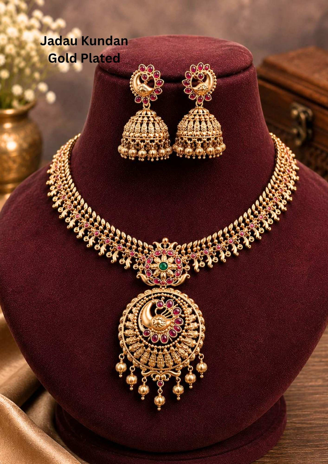 Jadau Kundan Gold Plated Ruby Half Jhumka Peacock Necklace with Earrings at Zevana. Lightweight, Anti-Tarnish, Perfect for dailywear, weddings & festivals. Pan-India delivery available.