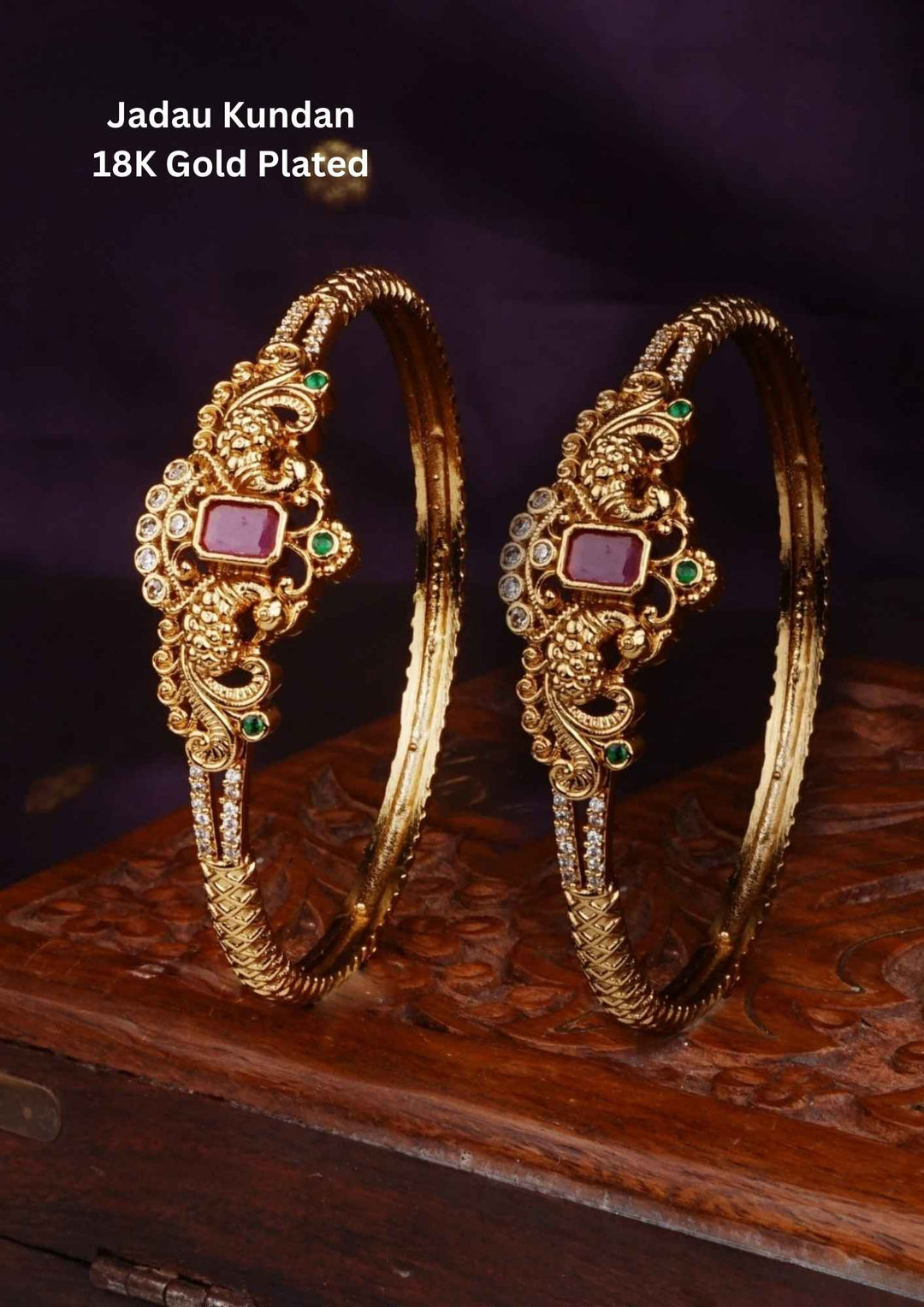 Jadau Kundan Gold Plated stone matt finish bangles (set of 2) 