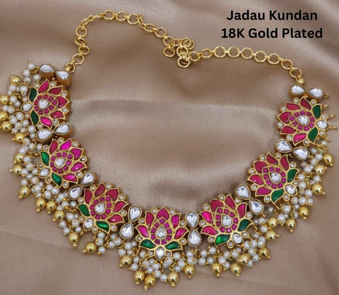 Jadau Kundan Gold plated Lotus Design Necklace For Weddings and Festivals 