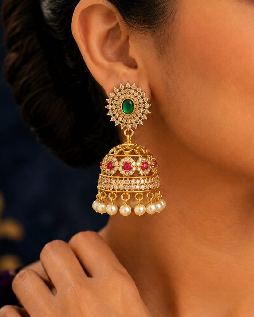 A close-up of a woman wearing a traditional Indian gold jhumka earring with a green stone, red stones, and white pearls.