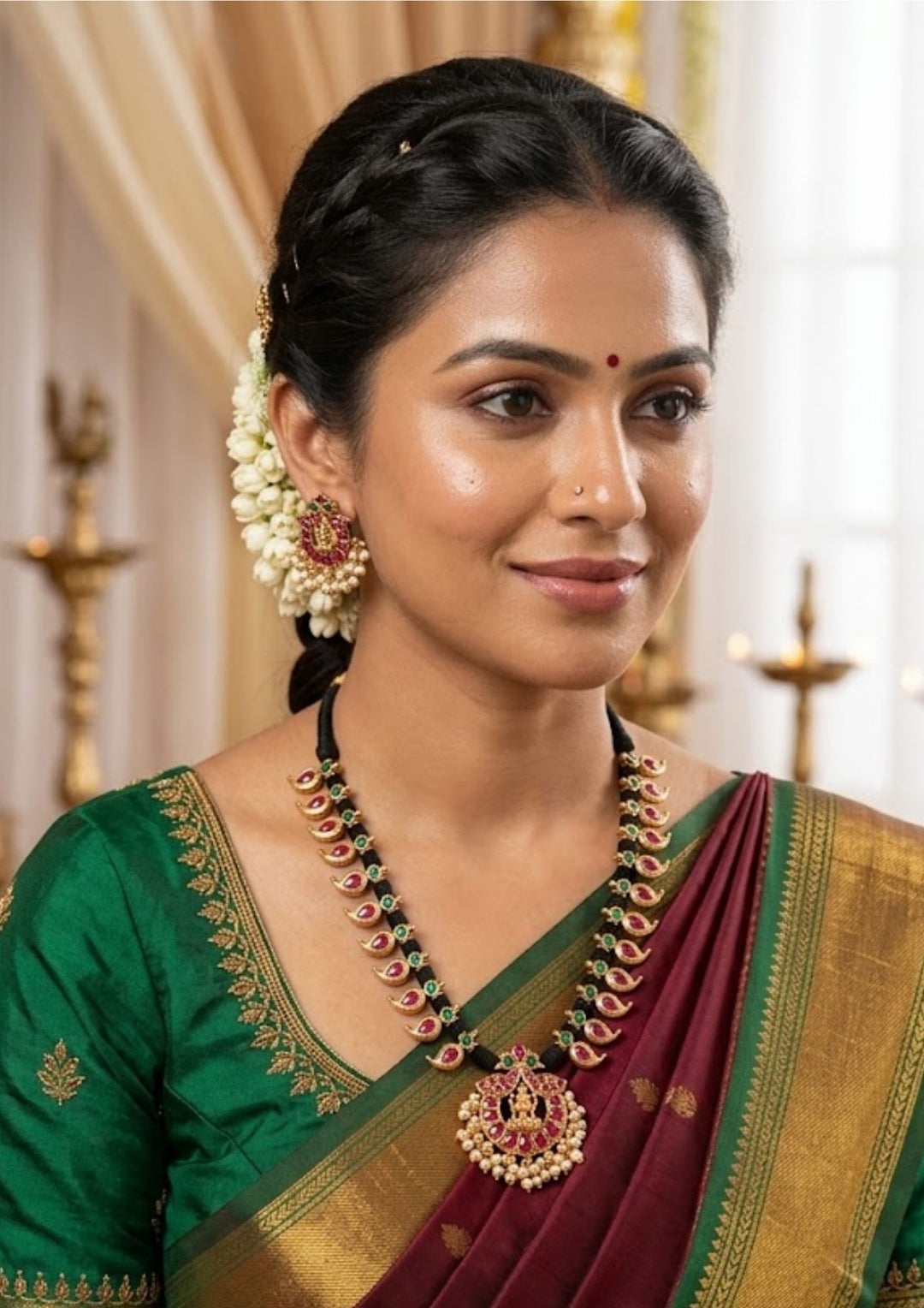 South unduan women waering a Traditional style gold plated Jadau short necklace set designed with a black dori cord, stone-studded paisley links, and a crescent chandbali Laxmi pendant featuring pink, green, and white stones with dangling pearl clusters that give a graceful traditional look for festive celebrations, poojas, family functions, and bridal outfits.