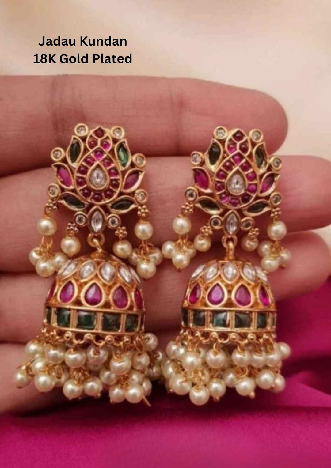 Jadau Kundan Lotus Gold Plated Jhumkas with Pearls