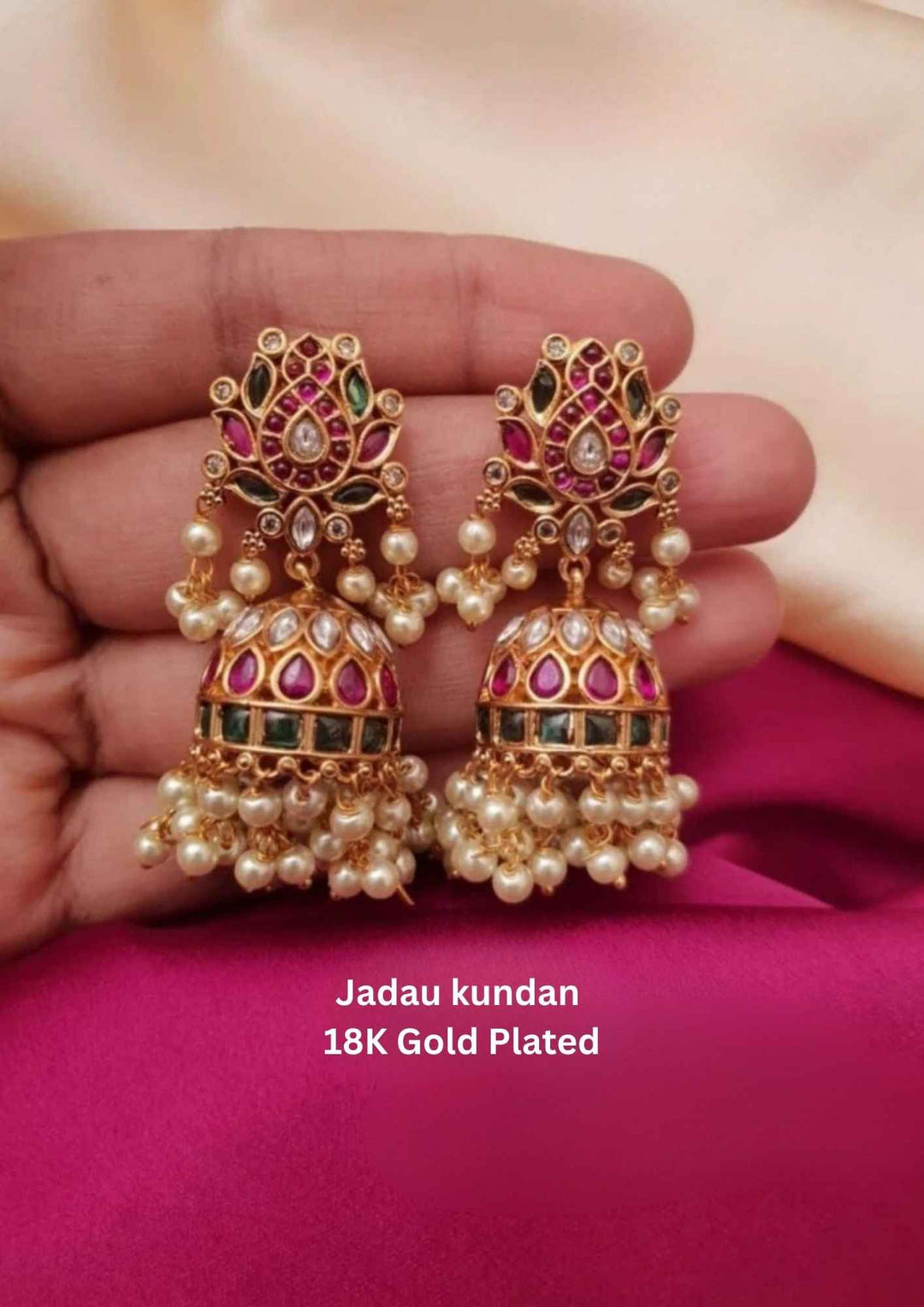 Jadau Kundan Lotus Gold Plated Jhumkas with Pearls