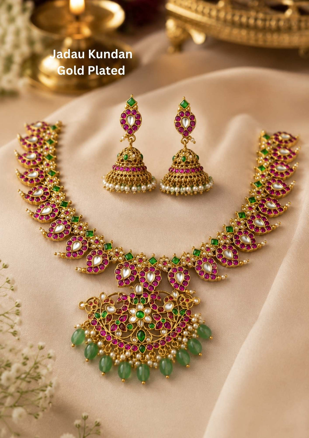  jadau kundan gold plated mango design necklace set with shinning and it gives very royal look for women and can wear for festivals , weeding and ideal for gifting  