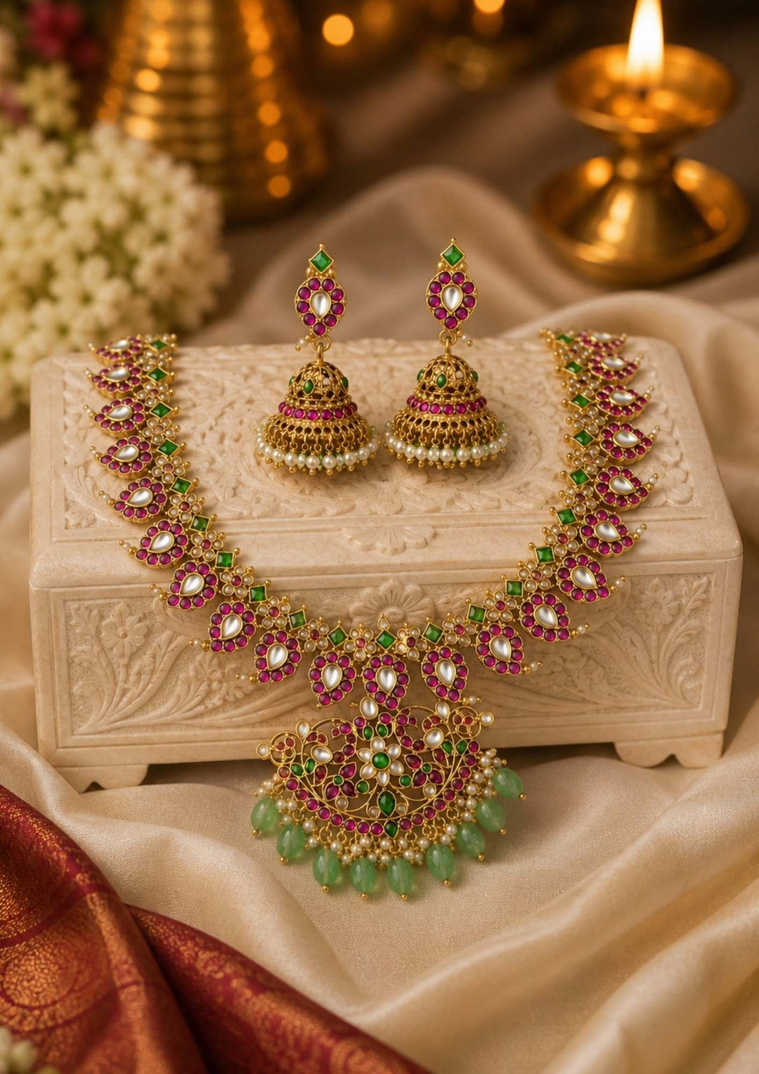 mango design necklace set which shows very clear in given picture pendent and earrings  in necklace is very clear and it is  lightweight jadau kundan necklace set  and it comes with gold plated 