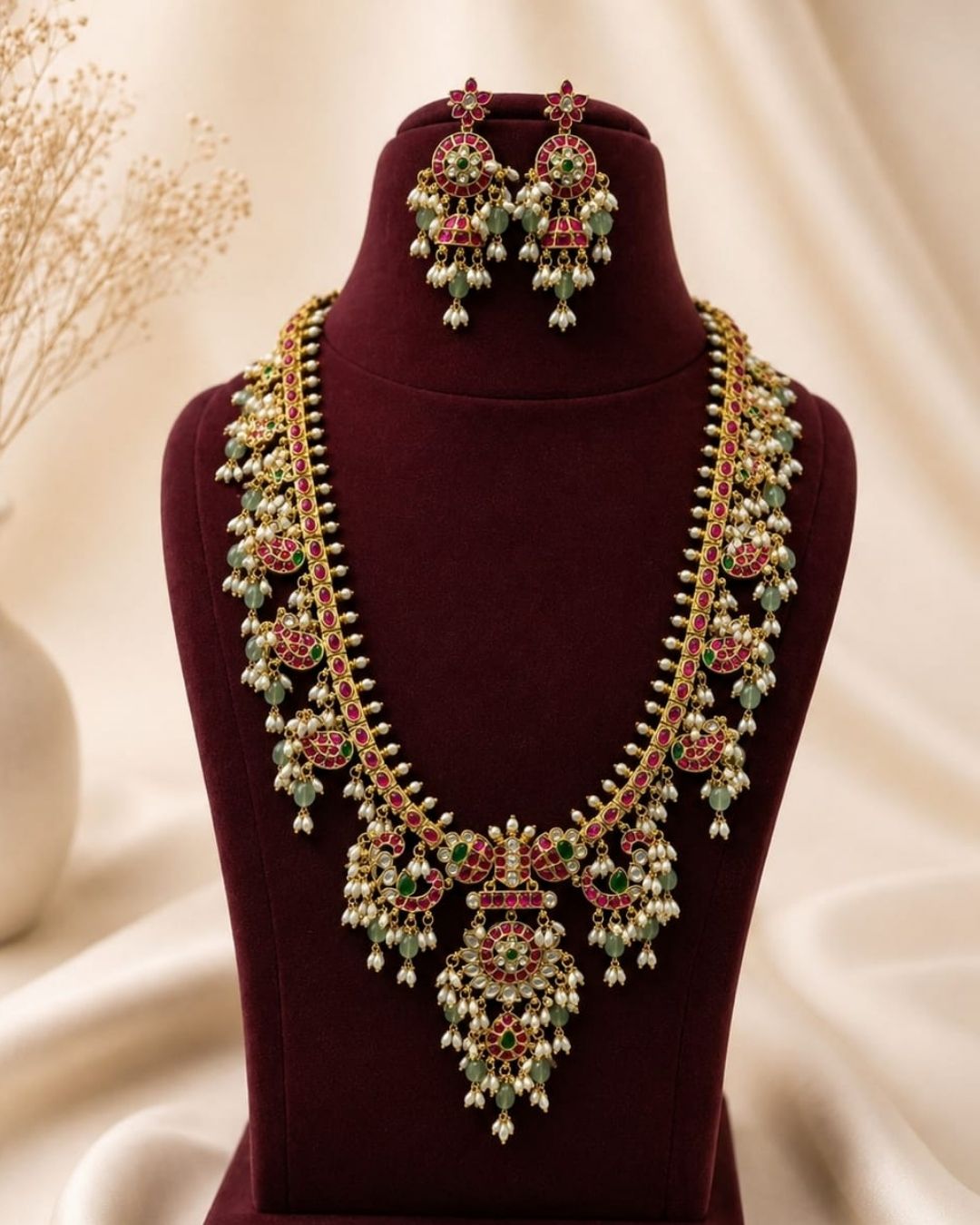 Gold necklace Set with a detailed pendant and earrings  on a white background with green and red stones come with jadau kundan in necklace set with beads and in pendent shows clear design and in detailed shown in picture it will not fade color and water proof can used for festivals, bridals, and weeding&