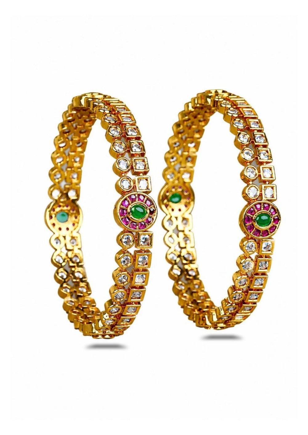Panchaloham design  gold plated bangles pair on white background intricate design for festive and weeding use and perfect for gifting
