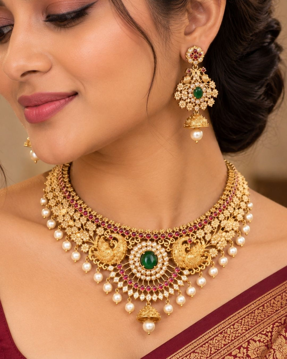 Gold pleted jadau kundan chocker set designed with twin peackocks and in center big emerald stone and bottom comes with bell and pearls to entire chocker and this set comes with matching big earrings perfect for birdal wear, functions