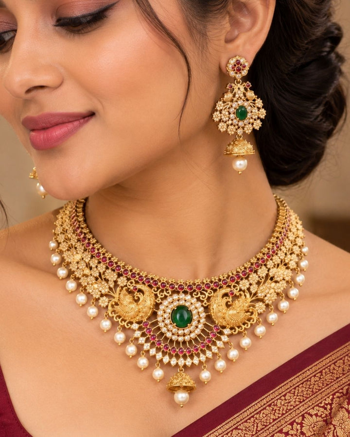 Gold pleted jadau kundan chocker set designed with twin peackocks and in center big emerald stone and bottom comes with bell and pearls to entire chocker and this set comes with matching big earrings perfect for birdal wear, functions