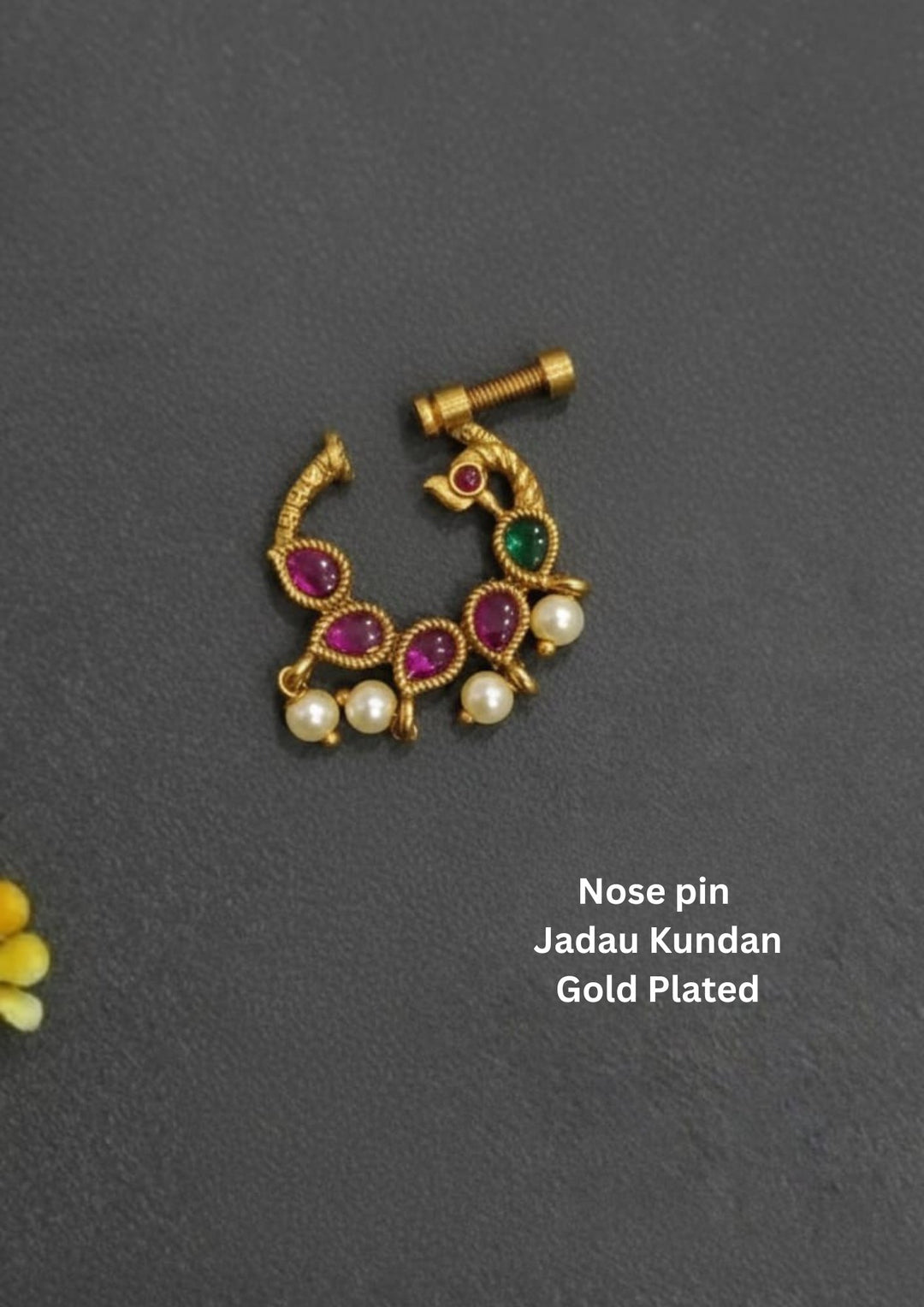 Gold plated Jadau Kundan Peacock Nose pin for traditional wear