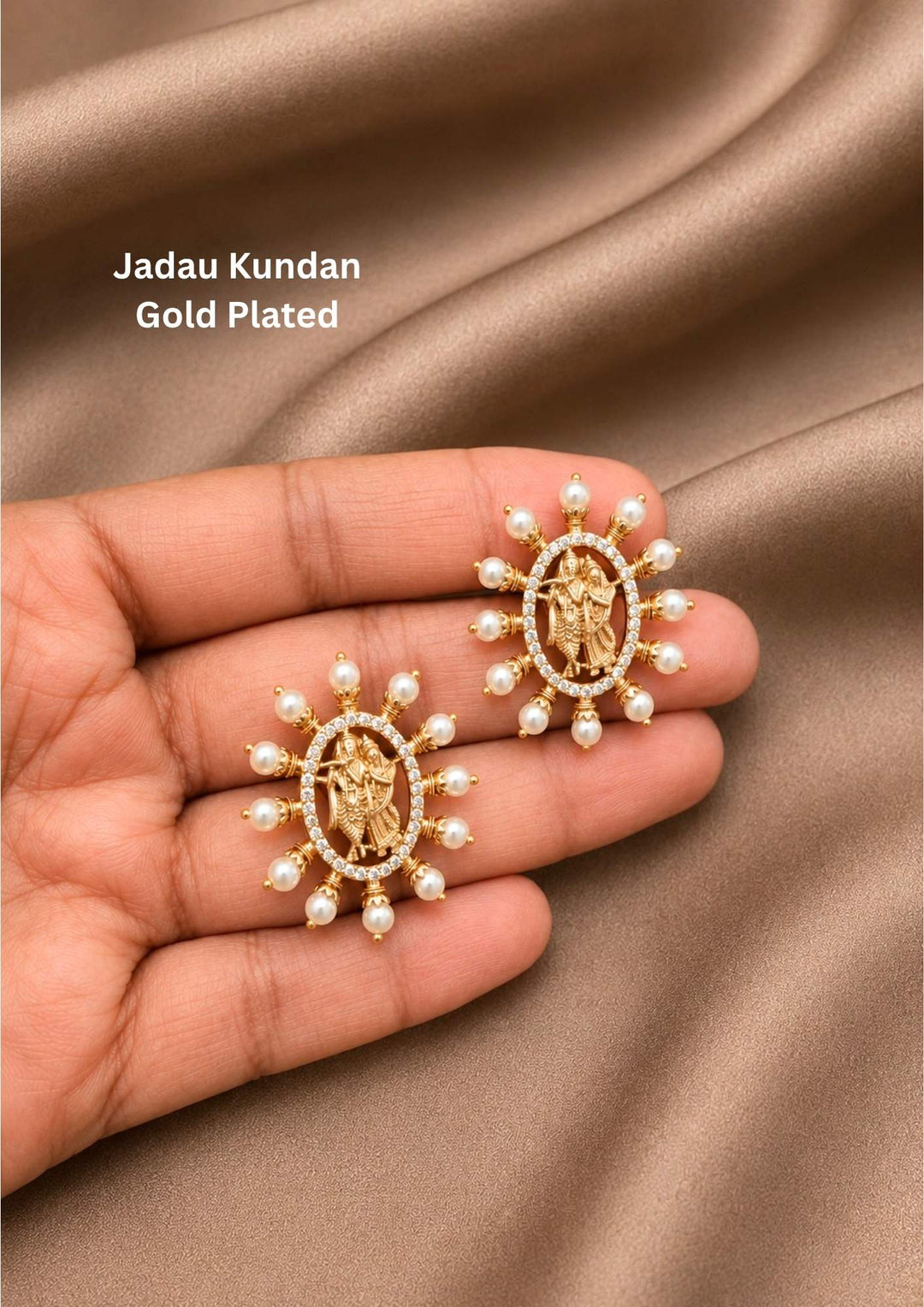 Jadau Kundan Radha Krishna Temple Earrings at Zevana. Lightweight, Anti-Tarnish, Perfect for dailywear, weddings & festivals. Pan-India delivery available.