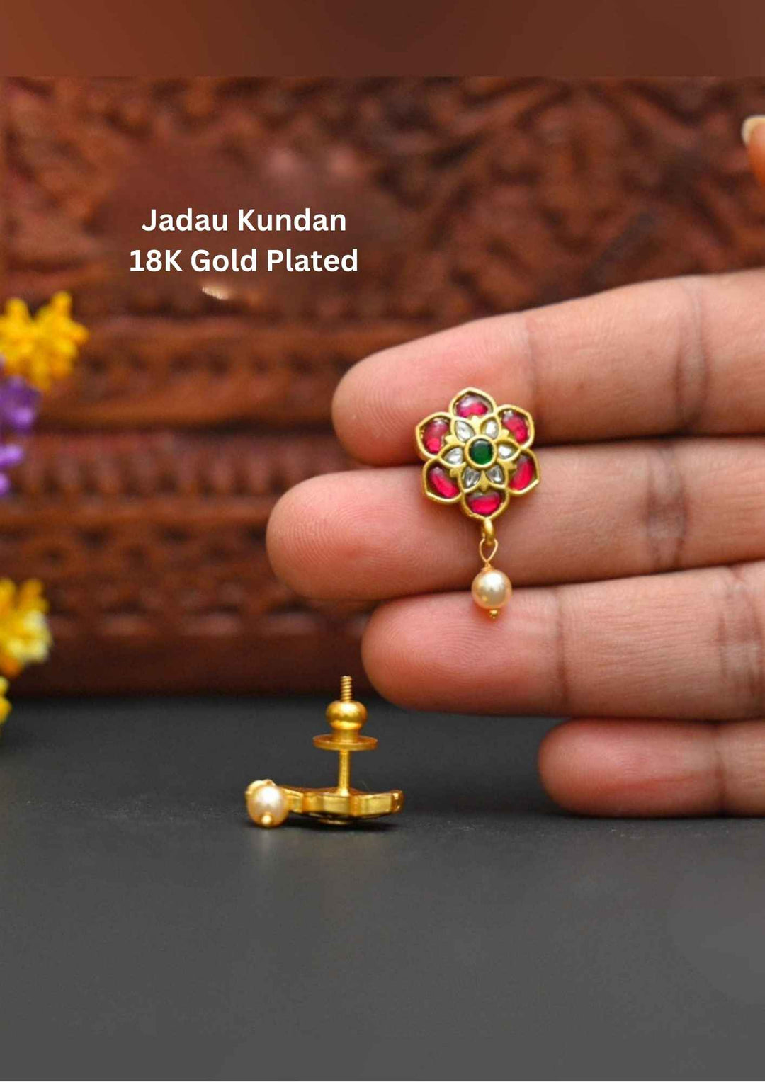 Jadau Kundan Screwback Gold Plated Flower Earrings