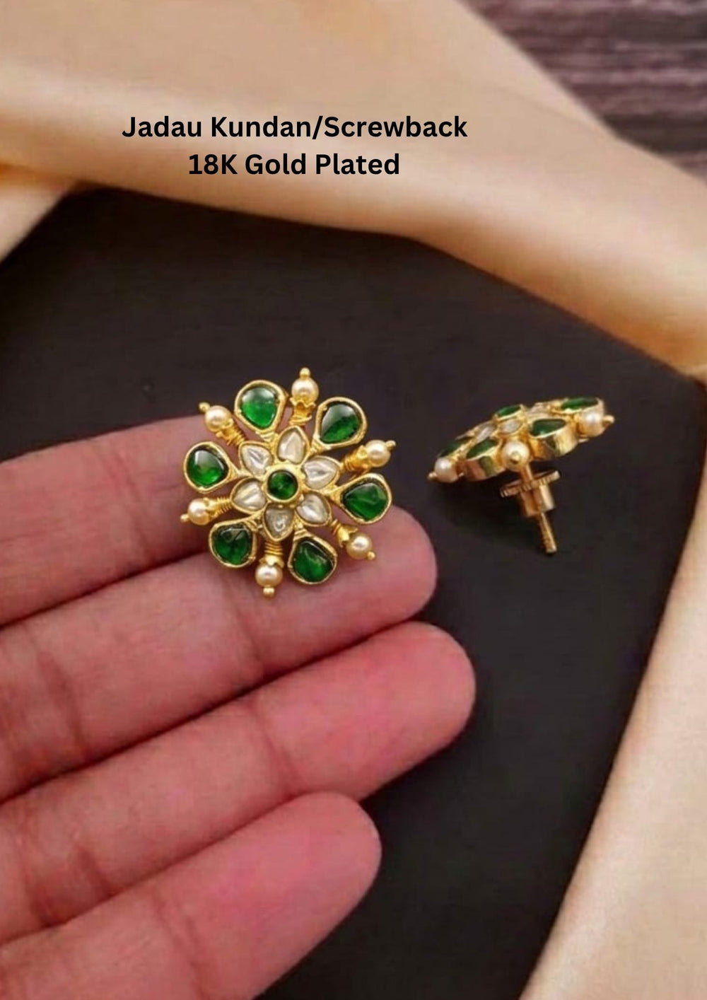 Jadau Kundan Screwback Gold Plated Green Studs