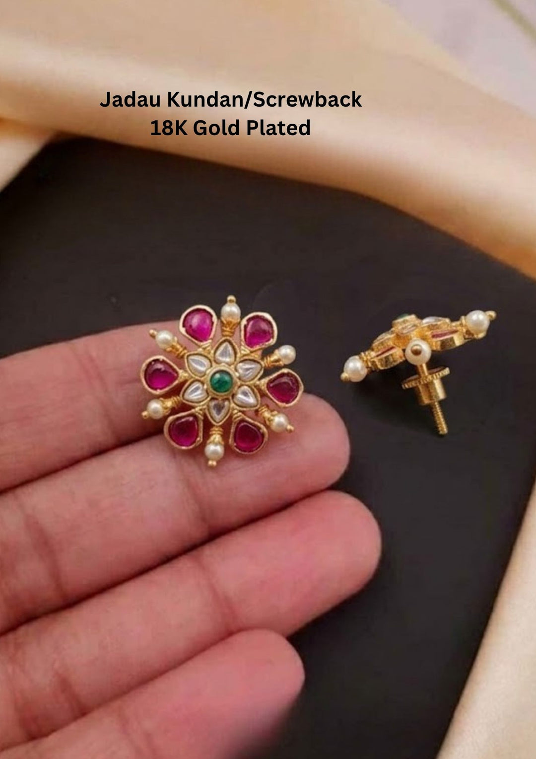 Jadau Kundan Screwback Gold Plated Pink Studs