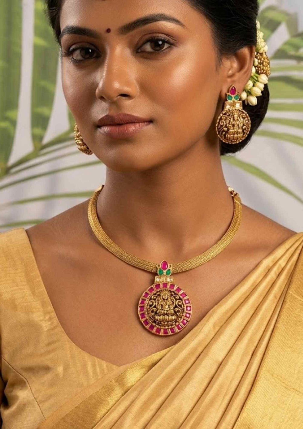 Jadau Kundan Temple Detachable Pendant with Earrings