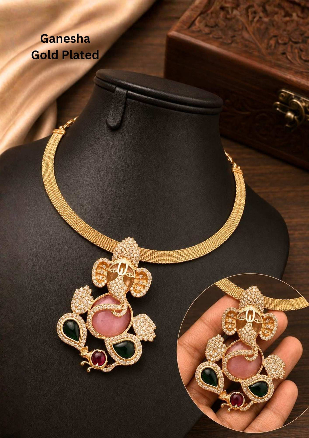 Jadau Kundan Temple Detachable pendent Necklace it is designed with lord ganesh it is anti fade color perfect for pooja, festivals Cod available at zevana
