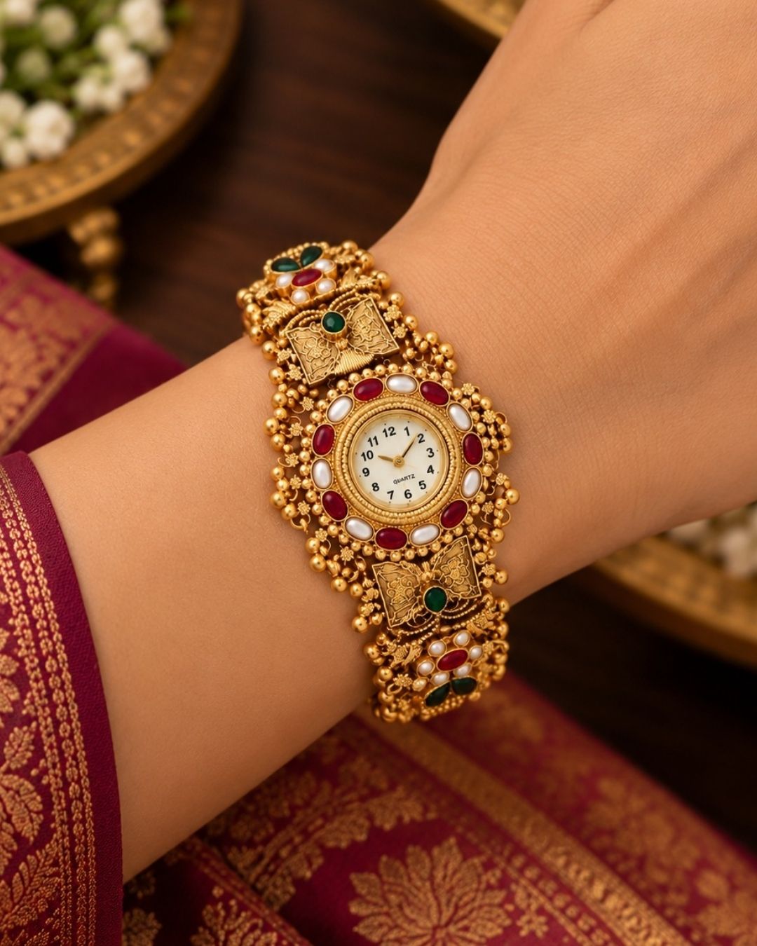 Traditional gold plated bracelet watch displayed diagonally on a beige stone surface with cream fabric and wooden accents.