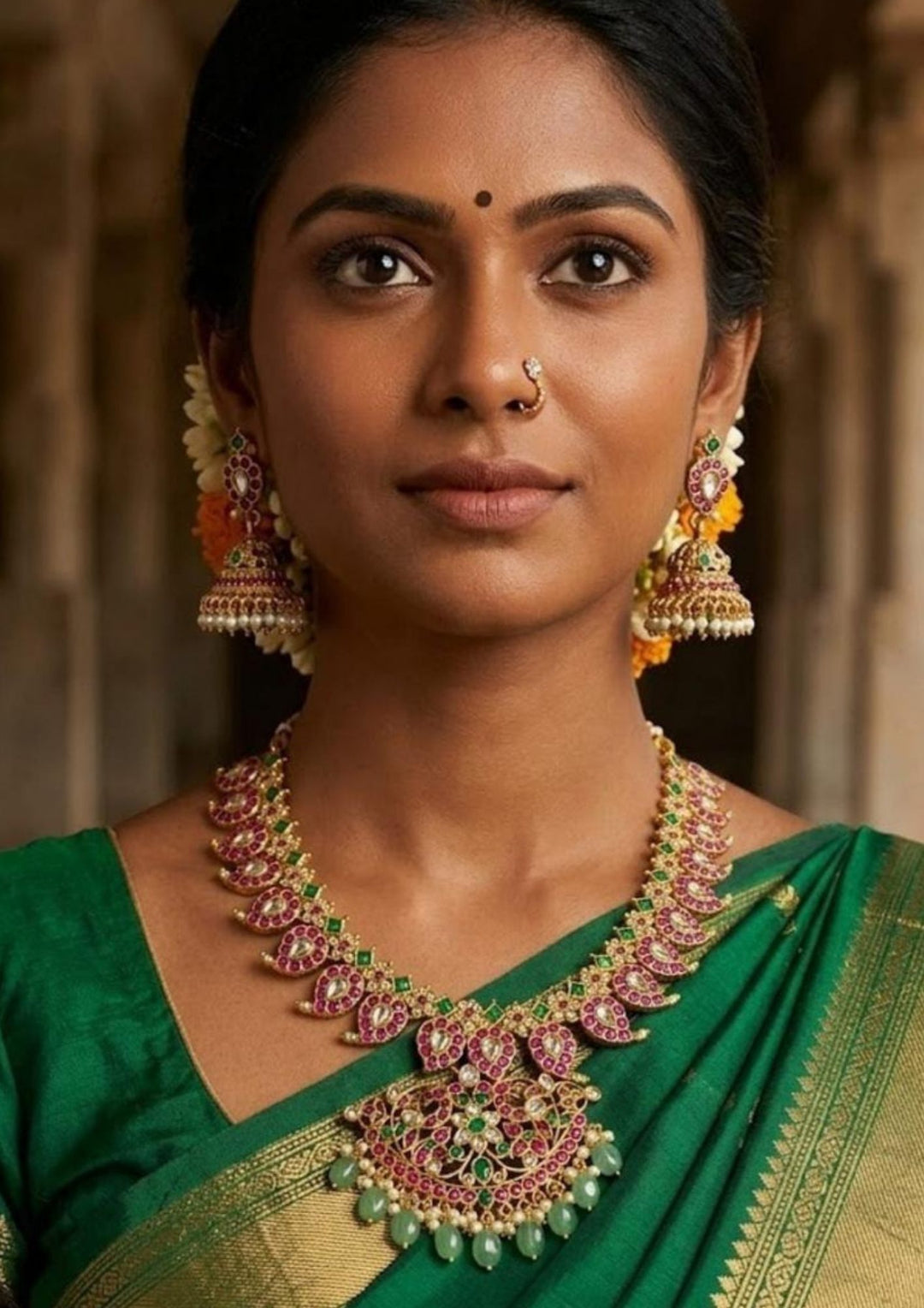 South Indian woman wearing jadau kundan mango desgin gold plated necklace set and indain women&