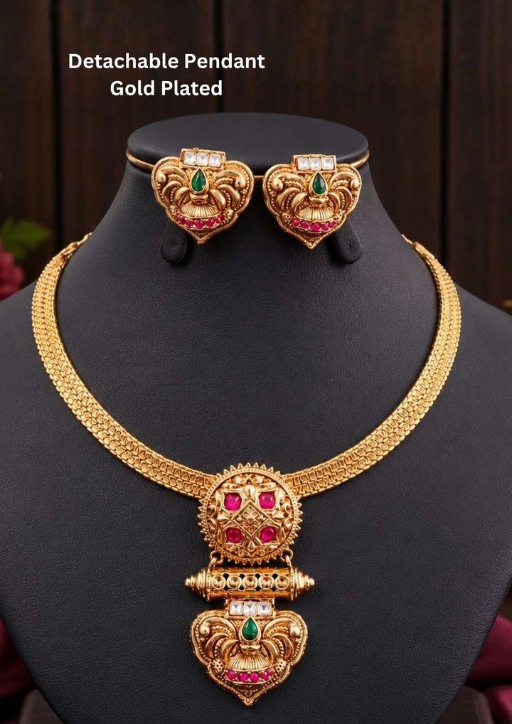 Jadau Kundan gold plated Detachable Pendant design necklace set with waterproof, anti fade used for weddings, festivals and ideal for gifting. 