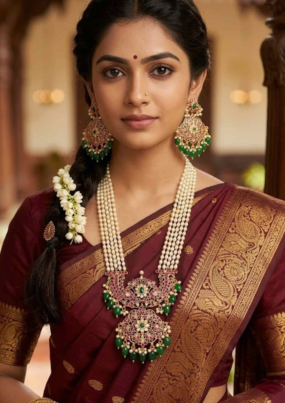 Jadau Kundan with Rice Beads Gold Plated Haram (Necklace) With Earrings 