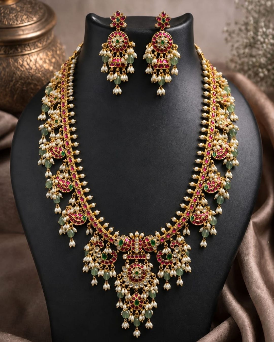 Gold necklace Set with a detailed pendant and earrings  on a white background with green and red stones come with jadau kundan in necklace set with beads and in pendent shows clear design and in detailed shown in picture it will not fade color and water proof can used for festivals, bridals, and weeding&