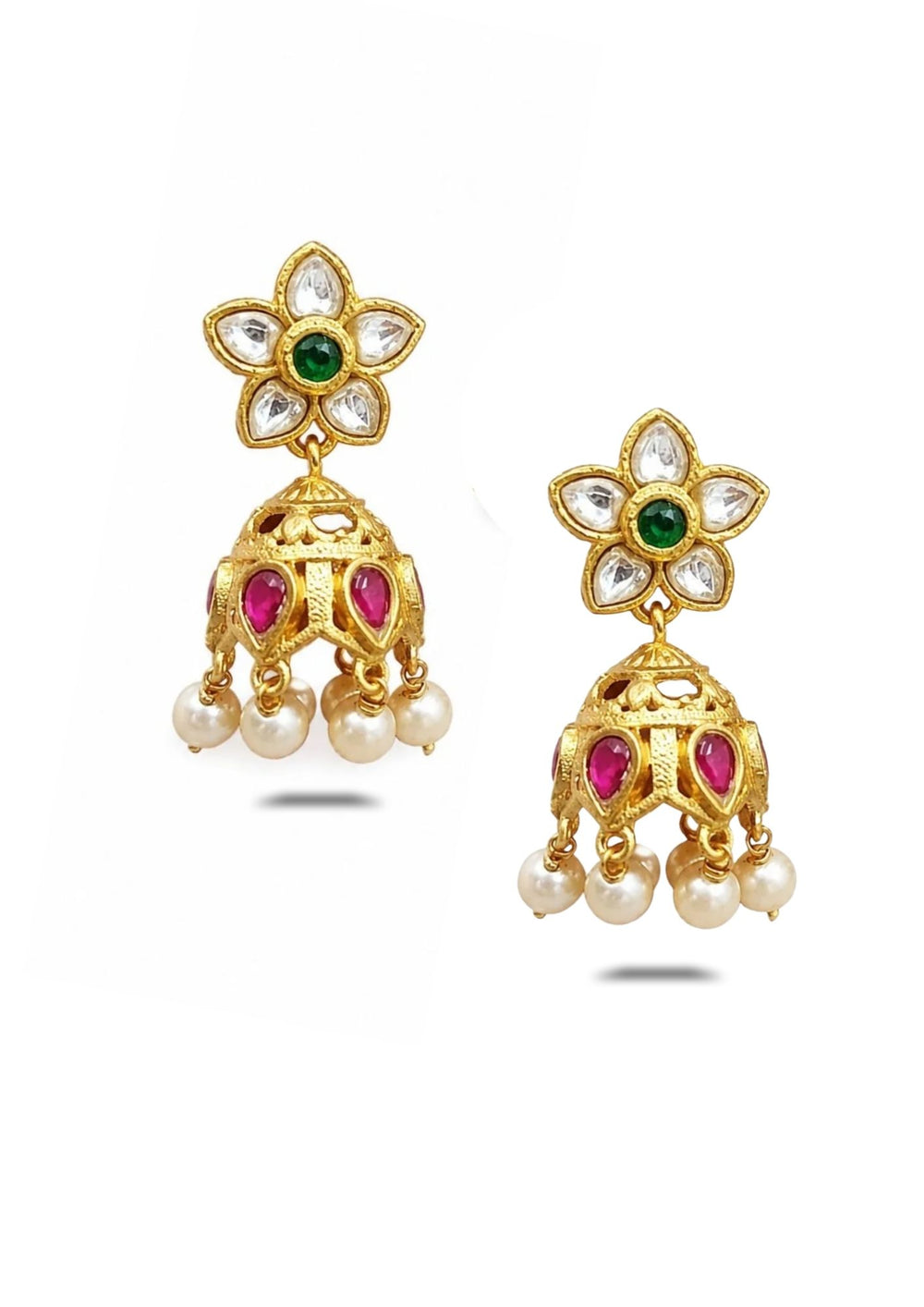 Gold plated jhumkas with gemstones and pearls on a white background looking very traditional and intricate design for daily ware , festive use and perfect for gifting
