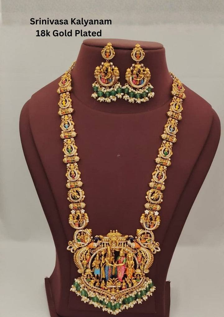 Jadau kundan Gold Plated Srinivasa Kalyanam Traditional Temple Necklace with Earrings