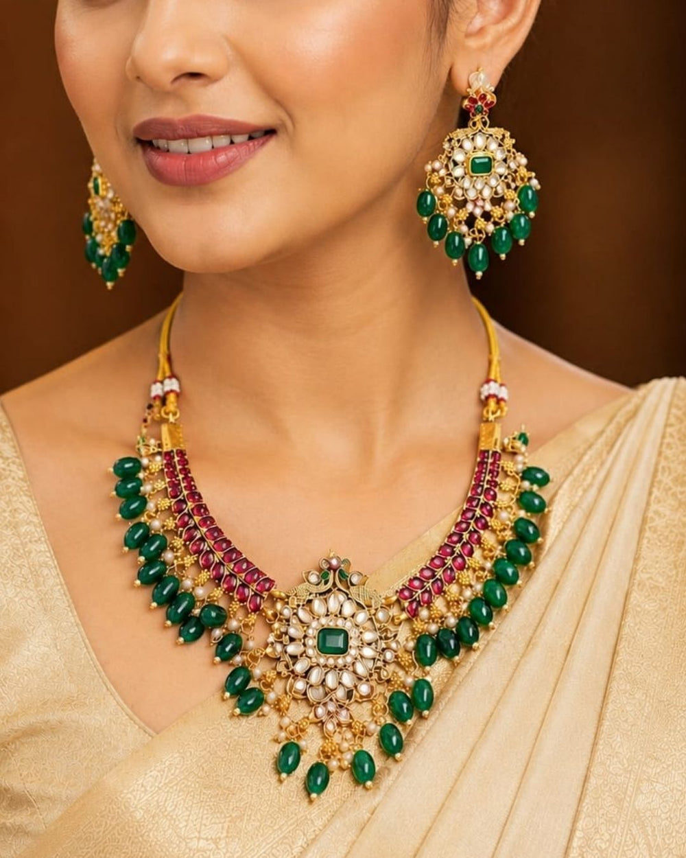 South indian women's Elegant gold plated Kundan necklace and earrings set adorned with green oval beads, ruby stones, pearl embellishments, and a floral pendant design for festive and bridal wear.
