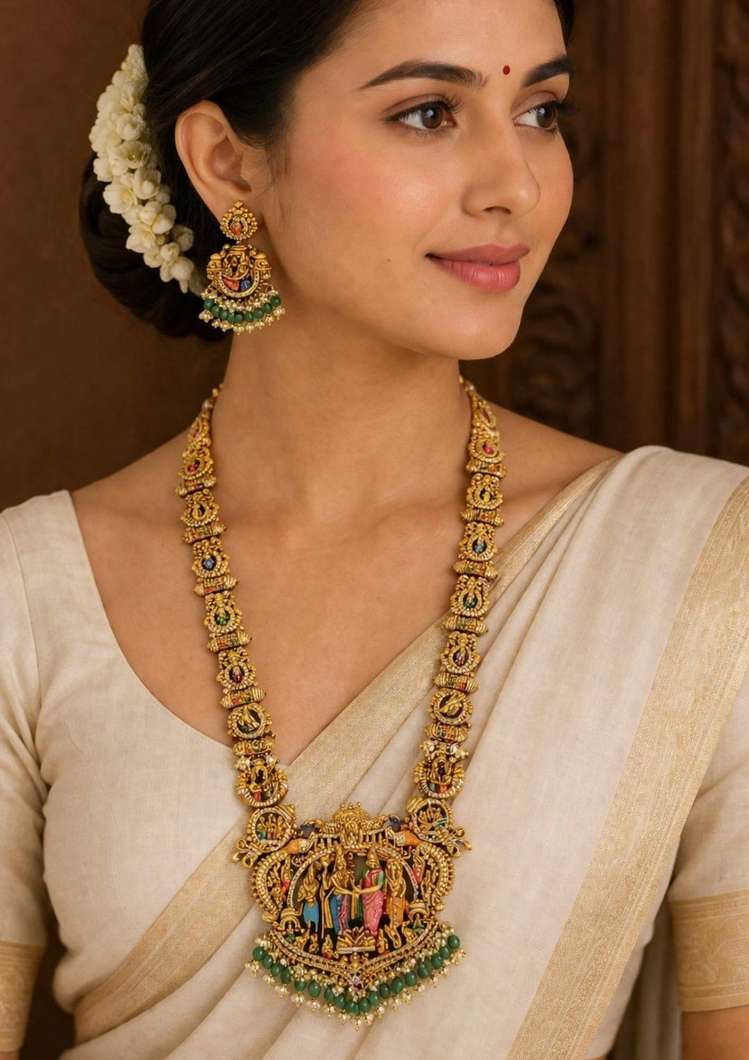 Jadau kundan Gold Plated Srinivasa Kalyanam Traditional Temple Necklace with Earrings Model Image