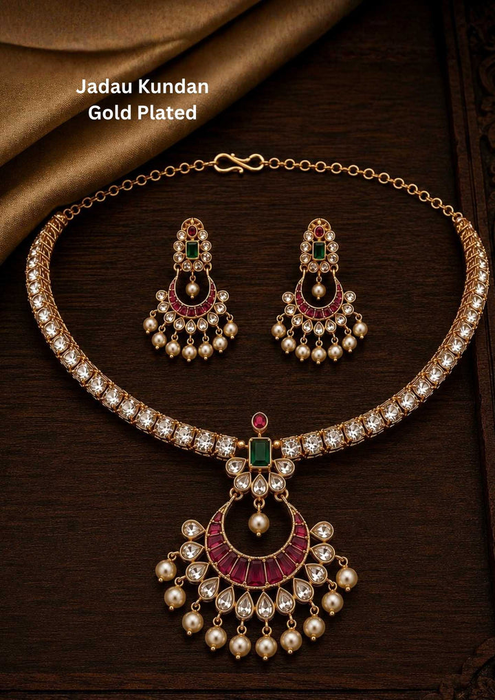 gold plated necklace set with earrings comes with design Chandbali  and also moon shape design with pearls looks very classy and stylish  