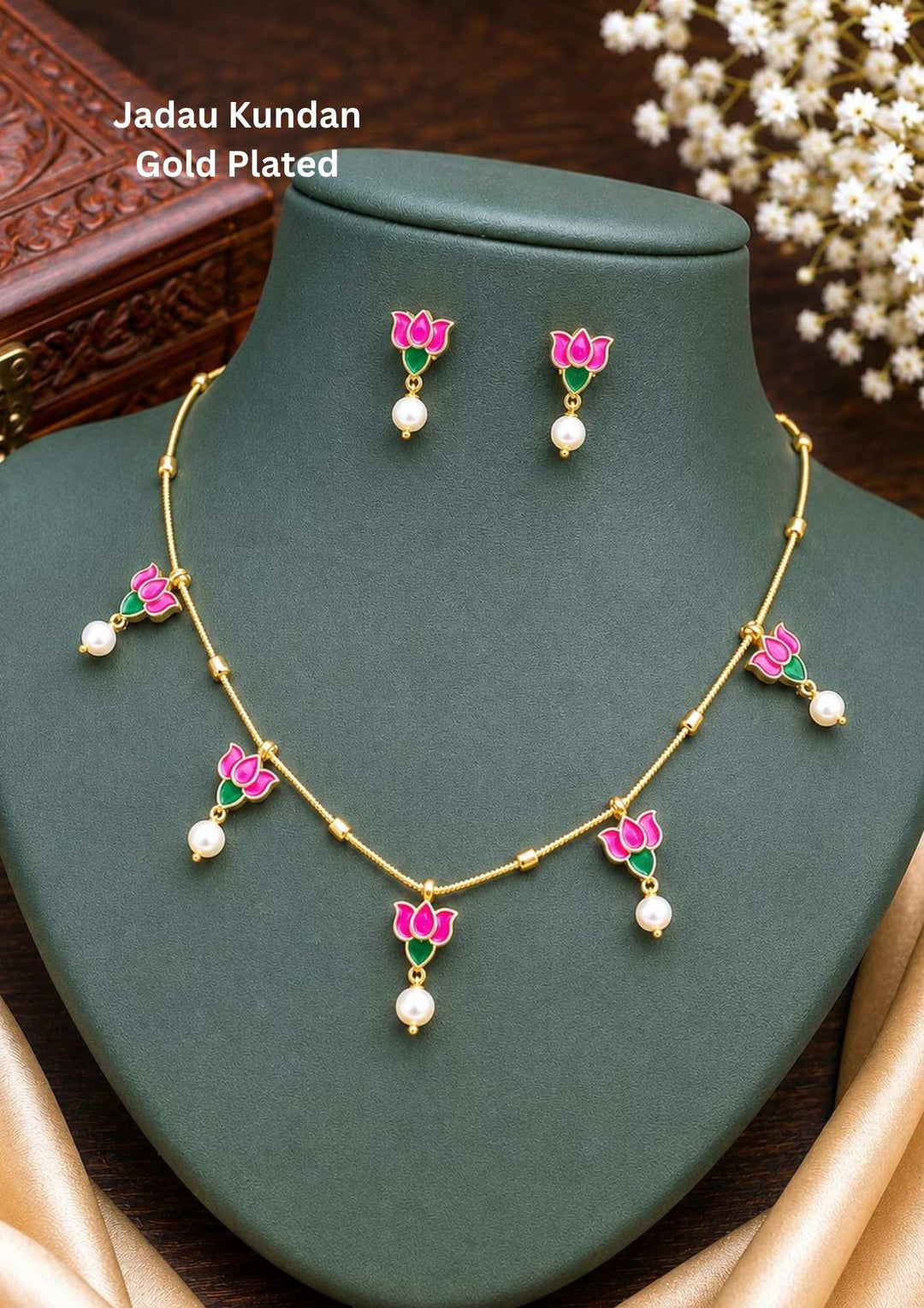 Jadau Kundan Gold Plated Lotus Model Chain with Earrings at Zevana. Lightweight, Anti-Tarnish, Perfect for dailywear, weddings & festivals. Pan-India delivery available.