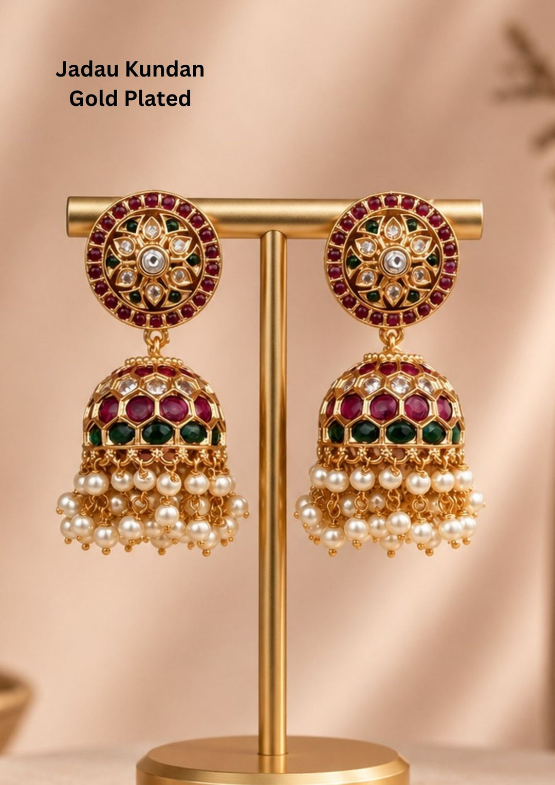 Gold-plated Jadau Kundan earrings designed in round alignment and with flower shape comes with zircon stones and the dome shaped is designed with guttausalu perfect for weddings, function