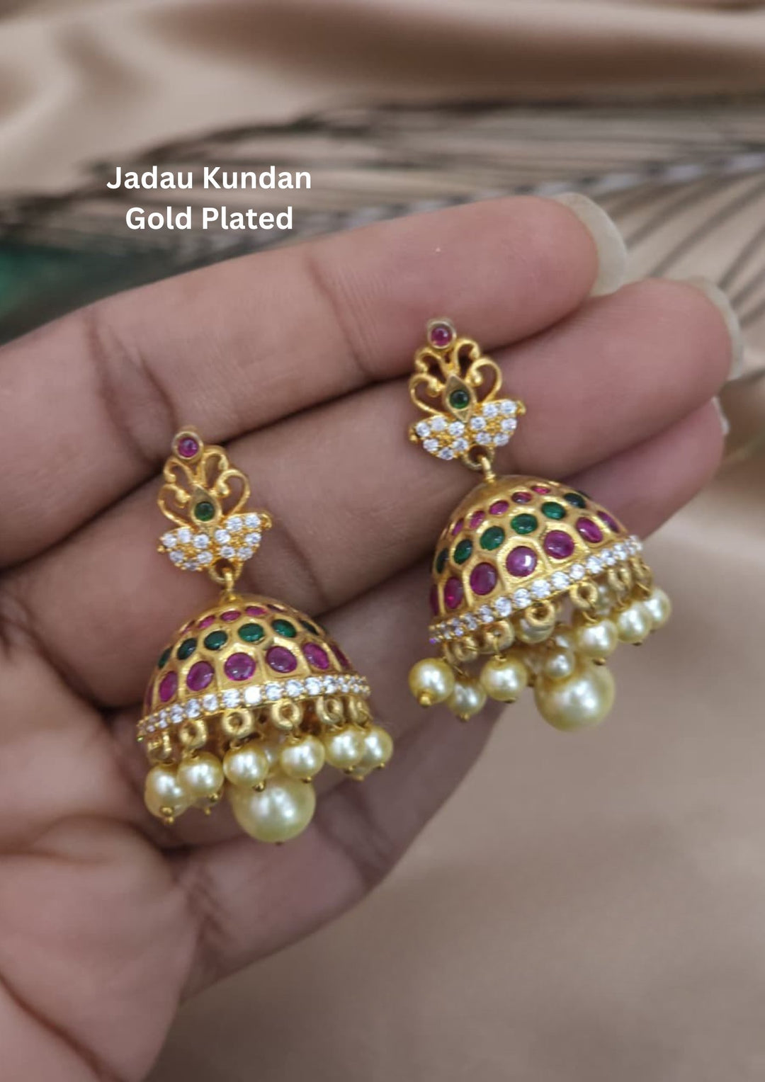 Gold platedd jadau Kundan Jhumkas for Traditional wear