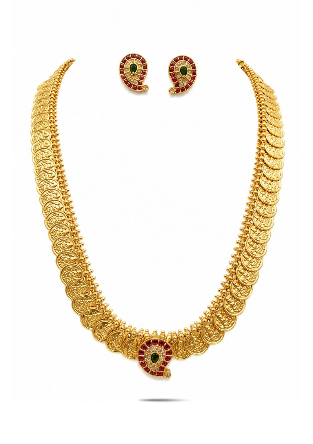 Antique gold plated temple jewelry Laxmi Kasulaperu haram necklace and matching small stud earrings set featuring a continuous row of traditional overlapping gold coins stamped with Goddess Laxmi images.  suitable for family gatherings, festivals, parties, and weddings with skin friendly quality, anti fade polish, comfortable fitting.