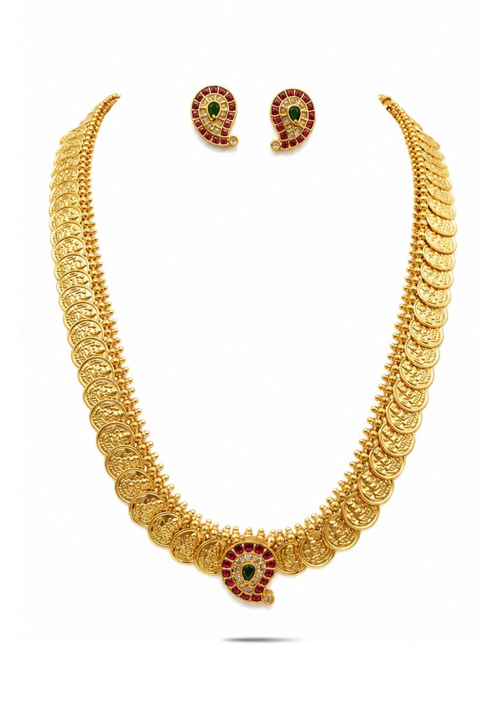 Antique gold plated temple jewelry Laxmi Kasulaperu haram necklace and matching small stud earrings set featuring a continuous row of traditional overlapping gold coins stamped with Goddess Laxmi images.  suitable for family gatherings, festivals, parties, and weddings with skin friendly quality, anti fade polish, comfortable fitting.