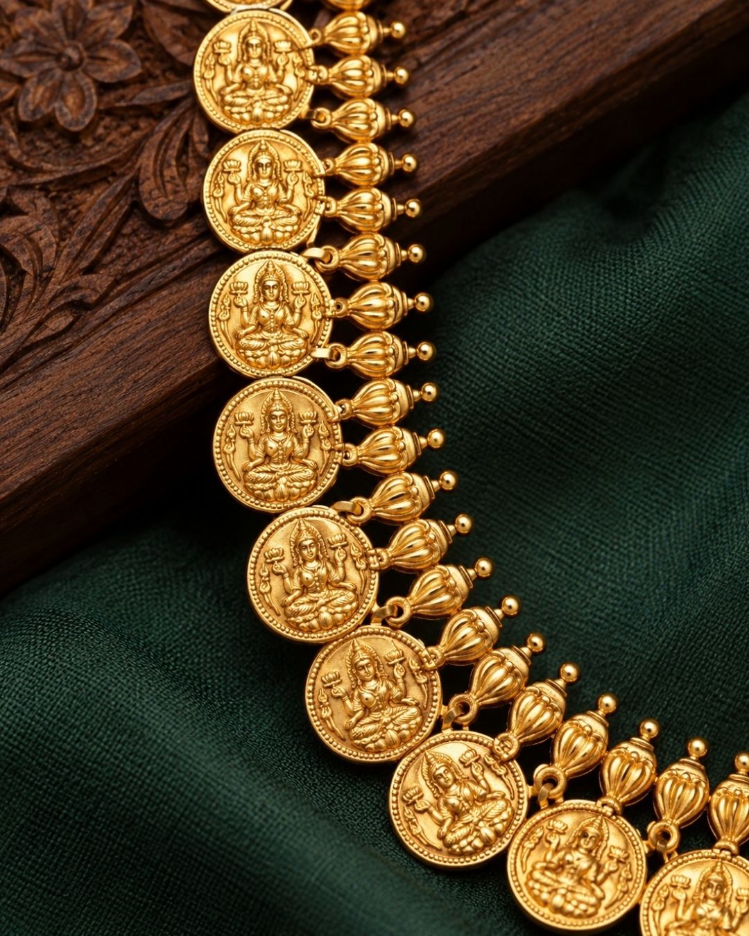 South Indian women styling an antique gold plated temple choker necklace set designed with detailed Laxmi Nakshi patterns and an elegant matte gold finish that gives a graceful traditional look for festive celebrations, poojas, family functions, and bridal outfits with lightweight comfortable use and COD available now.