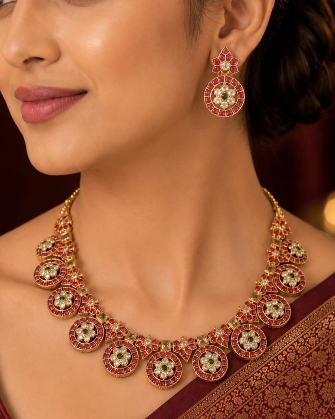 Pair of ornate earrings with gemstones which comes with real kemp and anti faded and also shown very details in picture how it look in white back ground can be used for weedings and festivals 