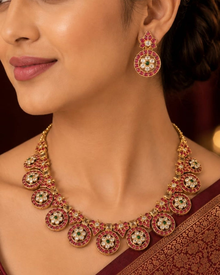 Pair of ornate earrings with gemstones which comes with real kemp and anti faded and also shown very details in picture how it look in white back ground can be used for weedings and festivals 